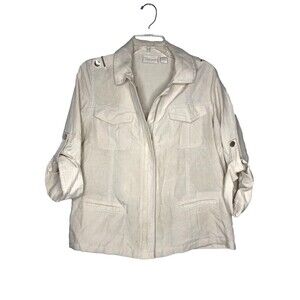Chico's Jacket‎ Women Size 0 Safari Style Linen Cream Roll Tab Sleeve Zip Front